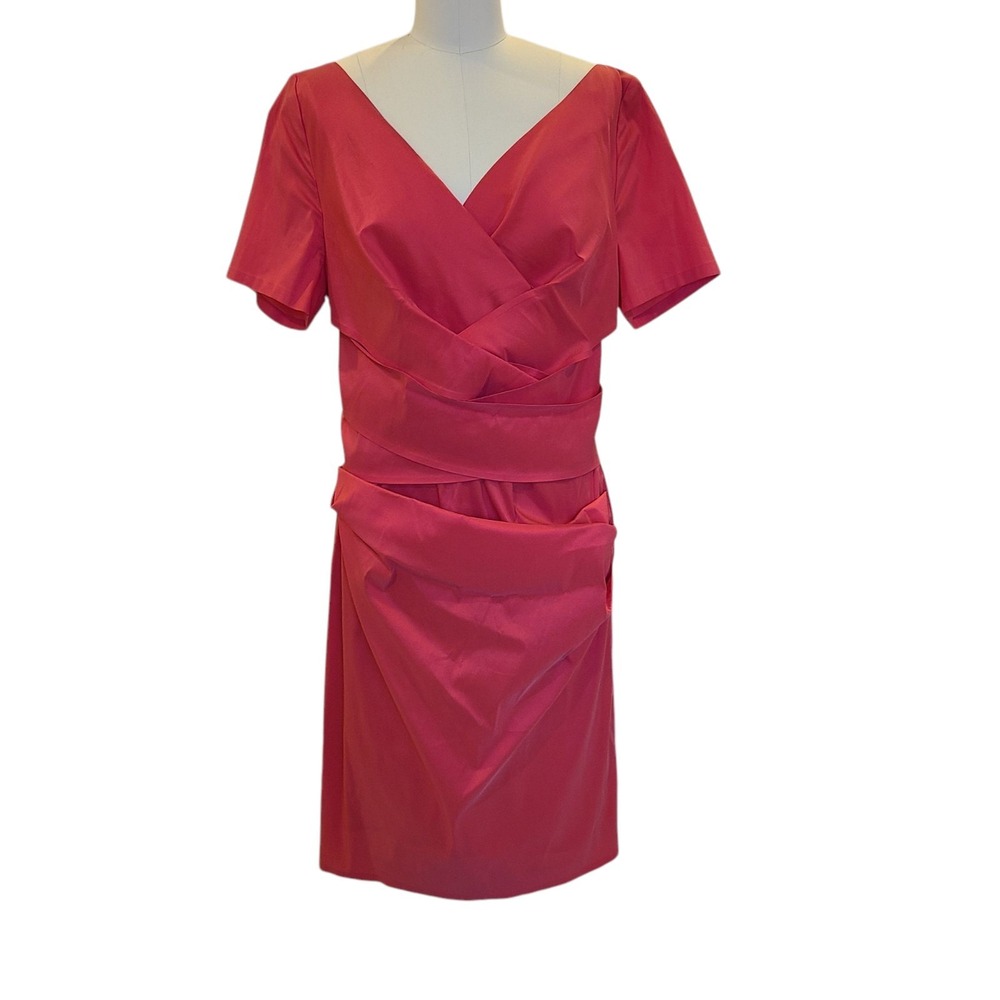Talbot Runhof Orange Red Draped Silk Blend Cocktail Shift Midi Dress Sz 16/46 - Picture 2 of 9